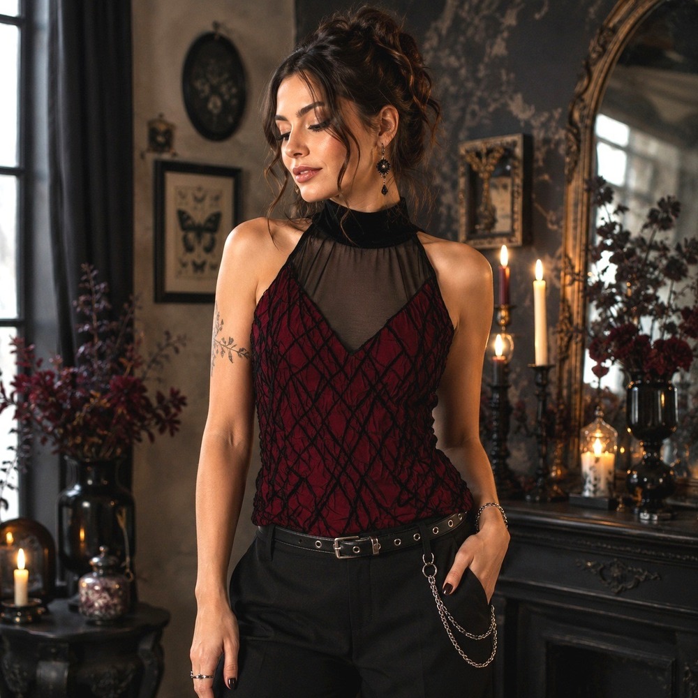 Velvet Mesh Mock Neck Sleeveless Top XS Y2K Whimsigoth Witchy Vamp Dark Romantic